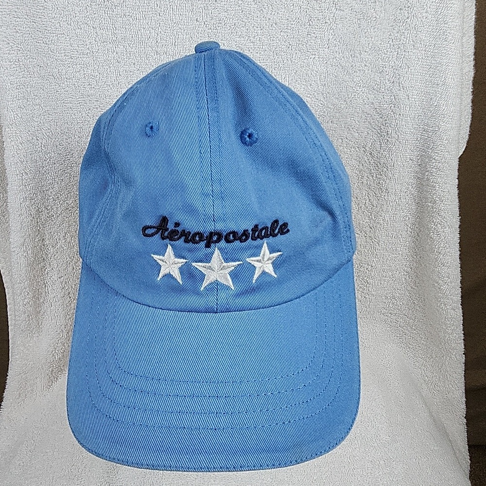 Vintage Aeropostale Hat Cap Light Blue Adjustable Strap Three Stars 90s Aerocap